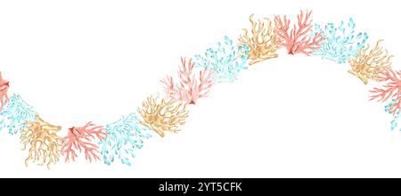 Farbenfrohe Korallen mit nahtlosem Rand. Handgezeichnete Aquarellillustration isoliert. Unterwasser-Banner mit ozeanischem Rifftier. Mediterran, tropisch Stockfoto