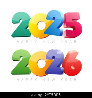 Weihnachtsset mit Neujahrssymbolen 2025 und 2026. Niedliches farbenfrohes 3D-Design. Website-Banner. Frohe Weihnachten und Ein frohes neues Jahr herzlichen Glückwunsch. Isolierte Nummer Stock Vektor