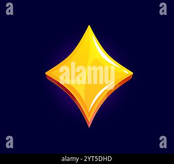 Goldene diamantförmige Ikone, Spielmaterial. Isolierte Comic-Vektor-Gold und glänzende geometrische Rautenform für den Einsatz in mobilen App-Spielen oder Web-Design, die Wohlstand, Erfolg, Bonus oder Leistung symbolisieren Stock Vektor