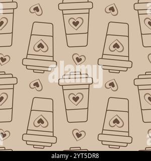 Einwegbecher mit Herzen umreißen nahtloses Muster in trendigem monochromen, weichen braunen Coffee Day Fond. Isolierte Vektor-Illustration Thematische oder Grußkarten, Faltblatt, Tag, Posting oder Web-Werbebanner Stock Vektor