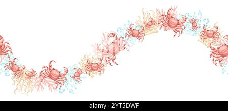 Krabben und Korallen sind nahtlos gewellt. Handgezeichnete Aquarellillustration isoliert. Unterwasserbanner mit Meeresrifftieren. Mittelmeer Stockfoto