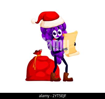 Cartoon fröhlicher Weihnachtsfeiertag Trauben Obst Weihnachtsmann Charakter mit Geschenke Tasche Lesen Rolle mit den Wünschen. Isolierte Vektor Neujahr Frucht Personage tragen Vater Noel Hut hält lange Pergamentliste Stock Vektor