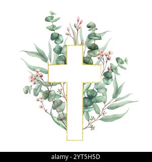 Gold gerahmtes Kreuz mit grünen Zweigen der Eukalyptuspflanze und kleinen rosa Blüten, Knospen Zweig. Christliche Religion. Aquarell handgezeichnete Illustration für Stockfoto