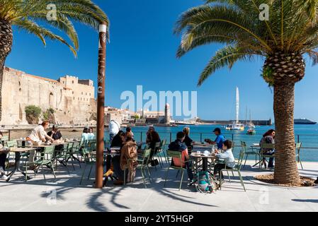 Collioure (Südfrankreich): Blick auf die Stadt mit dem Königsschloss „Château Royal de Collioure“) und dem ehemaligen Leuchtturm, heute der Glockenturm der Stockfoto