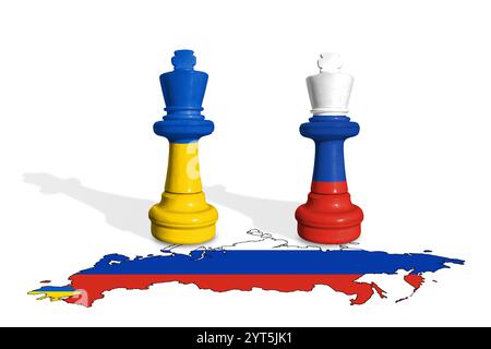 Schach aus Fahnen der Ukraine und Russlands Stockfoto