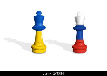 Schach aus Fahnen der Ukraine und Russlands Stockfoto