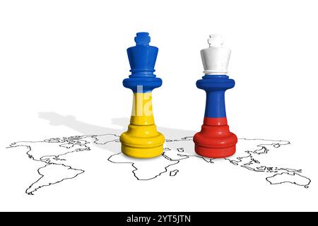 Schach aus Fahnen der Ukraine und Russlands Stockfoto