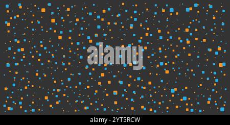 Abstraktes Blau- und Orange-Punktmuster - zufällig platzierte Quadrate verschiedener Größen, Textur mit Copyspace, Generative Art, Vektordesign auf dunklem Hintergrund Stock Vektor