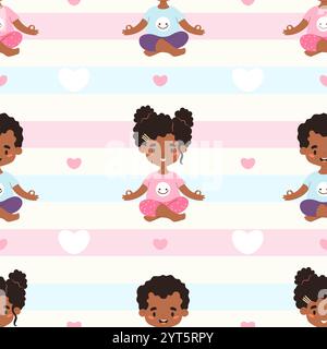 Yoga-Kinder mit nahtlosem Muster. Niedliches lächelndes afro-amerikanisches Mädchen und Junge, das meditiert, sitzend in Lotusposition auf gestreiften Herzen. Hobby, Sport, gesundes li Stock Vektor