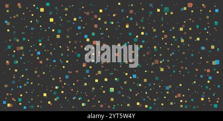 Abstraktes Blau-, Gelb- und Rotgepunktmuster - zufällig platzierte Quadrate verschiedener Größen, Textur mit Copyspace, Generative Art, Vektordesign auf Dunkelheit Stock Vektor