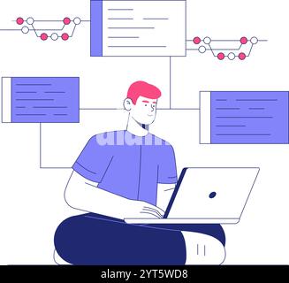 Männlicher Programmierer, der an einem Laptop mit Code- und Flussdiagrammelementen in der Illustration des flachen Vektors arbeitet und Softwareentwicklung und IT-Workflow symbolisiert Stock Vektor