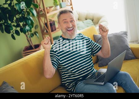 Fröhlicher bärtiger Seniorenmann, der zu Hause mit einem Laptop auf dem Sofa feiert Stockfoto