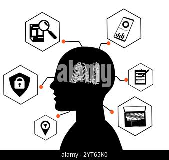 Künstliche Intelligenz-Vektor-Kunst-Technologie menschliches Gehirn Mikrochip Kinn in Gehirn Ai Arbeit im menschlichen Leben Stock Vektor