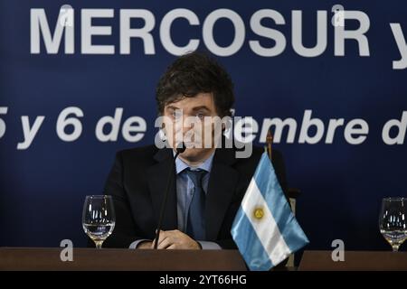 Montevideo, Uruguay. Dezember 2024. Javier Milei, Präsident Argentiniens, während des Mercosur-Gipfels. Quelle: Santiago Mazzarovich/dpa/Alamy Live News Stockfoto