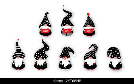 Festliche Weihnachten, Set skandinavischer Zwerg, süße Weihnachtsmänner, Ho Ho Ho Elf. Vektor-Clipart isoliert für Karte Xmas Elements Design Stock Vektor