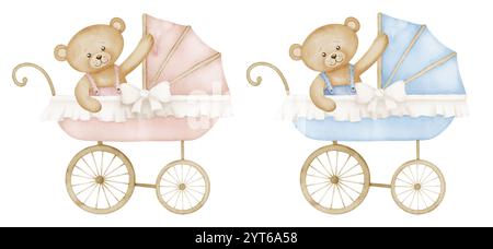 Wasserfarben-Kinderwagen mit Teddybär im Vintage-Stil. Kinderwagen im Retro-Stil in süßen Pastellblau, Rosa und Beige. Kinderwagen. Illustration eines Perambulators für Neugeborene Jungen- oder Mädchenparty. Stockfoto