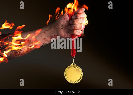 Mann, der Goldmedaille in seiner brennenden Hand auf schwarzem Hintergrund hält, Nahaufnahme Stockfoto