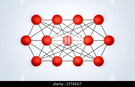 Vernetzte Kugeln in Rot, abstraktes Design, Modell, Netzwerk. Vernetzte Sphären, abstrakte Konstruktion, Modell, Netzwerk. Objekte in roter, runder, geometrischer Form. Symmetrische Linien in Grau. Img technology037s01 Spheres Connected Stockfoto