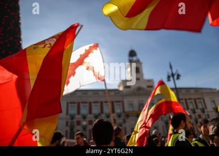 Madrid, Spanien. Dezember 2024. Während einer Demonstration, die von rechtsextremen Aktivisten in Puerta del Sol organisiert wurde und einen Tag der Nichtverfassung forderte. Heute, am 6. Dezember, begeht Spanien den 46. Jahrestag der spanischen Verfassung. Quelle: D. Canales Carvajal/Alamy Live News Stockfoto