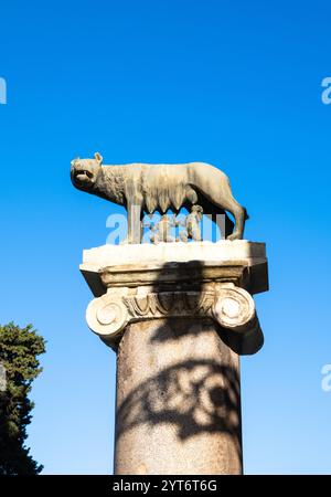 Statue des Kapitolinischen Wolfs (Lupa Capitolina), die Romulus und Remus, die Gründer der Stadt Rom, auf dem Kapitolshügel in Rom, Italien, füttert Stockfoto