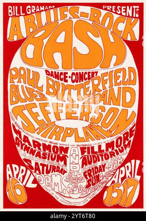 Ein Blues-Rock-Bash! Tanzkonzert - Paul Butterfield Blues Band, Jefferson Airplane 1966 - Harmon Gymnasium, UC Campus Berkeley - Fillmore Auditorium, Konzertposter Stockfoto