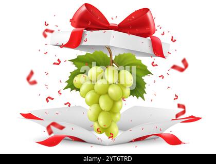 Frische saftige Trauben in offener Geschenkbox mit einer roten Schleife isoliert auf transparentem Hintergrund. Reife Trauben als Geschenk, Sommerdesign. Gesundes Essen, ve Stock Vektor