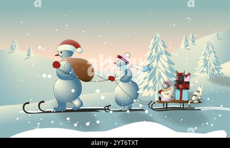 Schneemannsfamilie Winter Silvester Illustration Stock Vektor