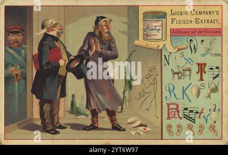 Bilderserie Bildrätsel, Liebigbild, digital restaurierte Reproduktion eines Sammelbildes von CA 1900, gemeinfrei, genaues Datum unbekannt, ein Mann schaut verwirrt auf Anzeichen eines Unfugs, während ein Kind kichert 1f-4851384 Stockfoto