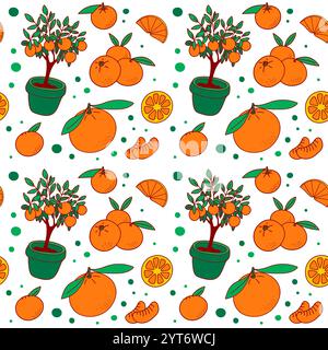 Nahtloses Muster Mit Orangenfrucht. Endloses Ornament. Orange und Grün, isoliert auf weißem Hintergrund. Stock Vektor