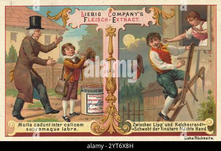Bilderserie Sprüche und Weisheiten, Multa cadunt inter calicem supremaque labra, Zwischen Lipp und Kelcgesrand schwebt der finsteren Mächte Hand, Liebigbild, digital restaurierte Reproduktion eines Sammelbildes von CA 1900, gemeinfrei, genaues Datum unbekannt, eine humorvolle Szene, in der ein Mann und ein Kind mit einem Zylinder interagieren 1f-4851853 Stockfoto