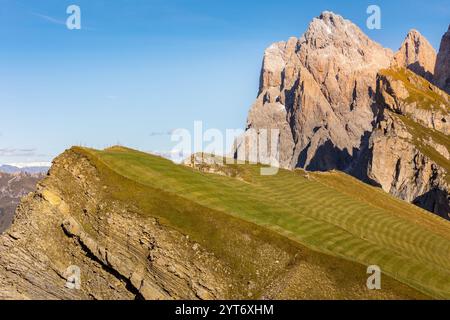 Italien, Seceda Nahaufnahme herbstlicher Bergblick, Fuß der Geiselgruppe, Gröden in der Nähe der Stadt St. Ulrich Stockfoto