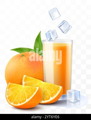 Ein Glas frischen Orangensaft oder Smoothie mit Eiswürfeln, die ins Glas fallen. Tasse Cocktail oder Joghurt mit Orangenfrüchten, isoliert auf transparentem Stock Vektor