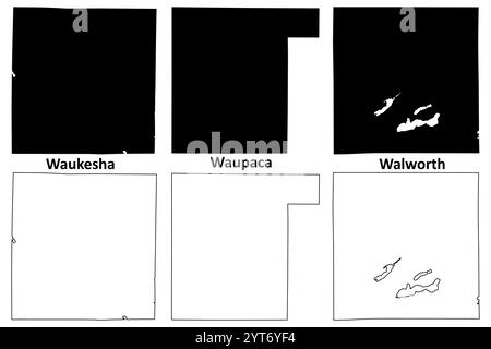 Walworth, Waupaca und Waukesha County, State of Wisconsin (US County, United States of America, US) Kartenvektordarstellung, Skizzenkarte Stock Vektor