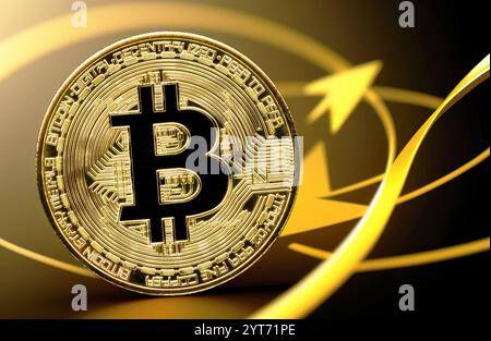 Atemberaubendes Bild eines goldenen Bitcoins. Erfassen Sie die komplizierten Details der ikonischen physischen Darstellung der digitalen Kryptowährung Stockfoto