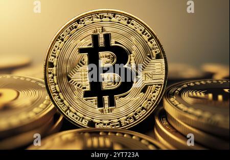 Atemberaubendes Bild eines goldenen Bitcoins. Erfassen Sie die komplizierten Details der ikonischen physischen Darstellung der digitalen Kryptowährung Stockfoto