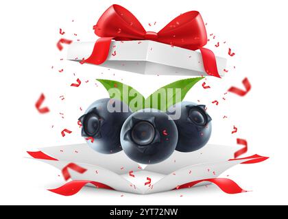 Reife Heidelbeere in offener Geschenkbox mit einer roten Schleife isoliert auf transparentem Hintergrund. Frische reife Heidelbeeren für natürlichen Saft oder fruchtige Marmelade. Realistisch 3 Stock Vektor