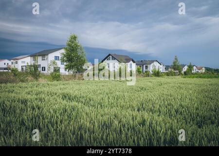 Blick auf Einfamilienhäuser in einem Neubaugebiet am Ortsrand mit Grün und einem Getreidefeld im Vordergrund Stockfoto