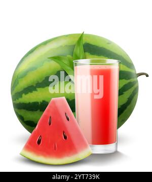 Ein Glas frischer Wassermelonensaft oder Smoothie. Tasse Cocktail oder Joghurt mit Wassermelone, isoliert auf transparentem Hintergrund. Realistische 3D-Vektorillu Stock Vektor