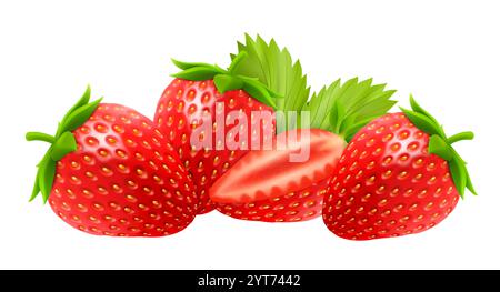 Frische saftige Erdbeeren isoliert auf weißem Hintergrund. Set rote Erdbeeren, halbe Erdbeere, ganze Erdbeere. Symbol für süße Beeren. Realistisch 3D Stock Vektor