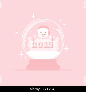 Glasschneekugel mit niedlichem Schneemann innen halten Banner mit der Zahl 2025, rosa Vektor-Illustration in flacher Art Stock Vektor