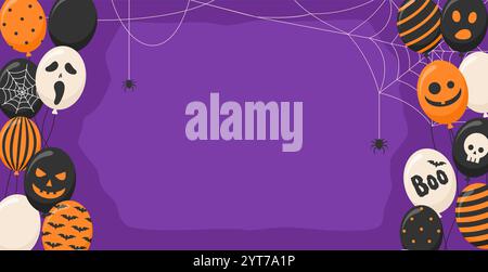 Rahmen mit Halloween-Ballons und Spinnennetz auf violettem Hintergrund, Kopierraum. Illustration des flachen Vektors Stock Vektor