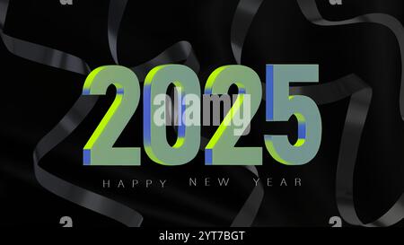 Happy New Year 2025-Banner mit den grünen und blauen metallischen Zahlen und einer dunklen Serpentine auf einem Hintergrund aus schwarzem Stoff. Modernes Design für Silvester Stock Vektor