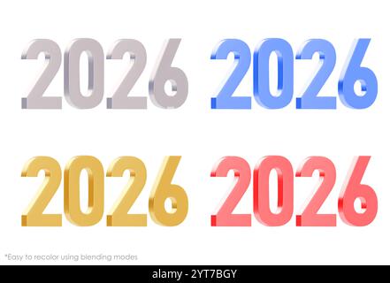 Set aus eleganten und modernen 3D-Nummern 2026. Eine Variation verschiedener Farben. Einfache Neufärbung mit Füllmodi. Neujahrsdekoration. Vektor Stock Vektor