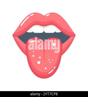 Offener Mund mit isolierter Zunge auf weißem Hintergrund, Vorderansicht. Illustration des flachen Vektors Stock Vektor