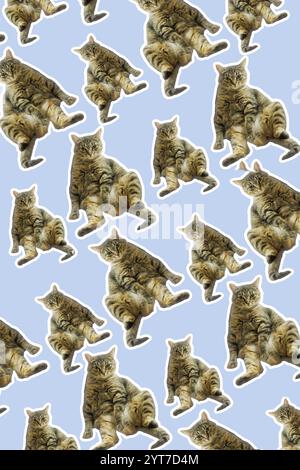 Collage Katze lustige Katzenköpfe auf blauem Hintergrund. Nahtloses Wiederholungsmuster. Digitale Collage. Stockfoto