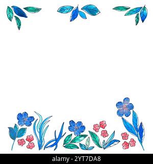 Handgemalter Blumenrand in Aquarellfarben mit Blättern und Blumen in leuchtenden Blau- und Rosa-Tönen Stockfoto