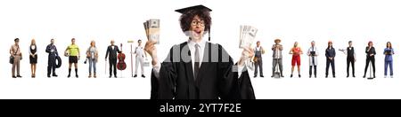 Menschen mit verschiedenen Berufen und ein männlicher Student, der Geld isoliert auf weißem Hintergrund hält Stockfoto