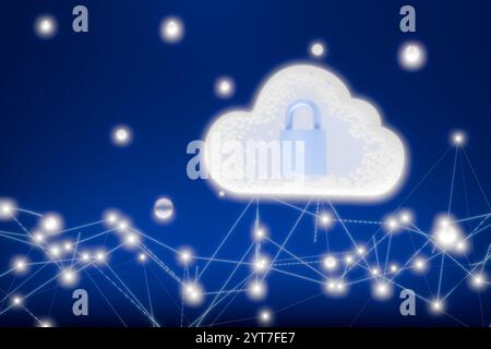 Eine Cloud mit einem Vorhängeschloss symbolisiert digitale Sicherheit in einer techthemenbezogenen Illustration. 3D-Rendering Stockfoto