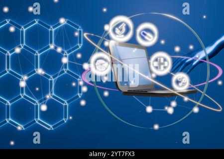 Digitale Technologie und Innovation, dargestellt durch einen Laptop mit futuristischen medizinischen Ikonen auf blauem Hintergrund. 3D-Rendering Stockfoto