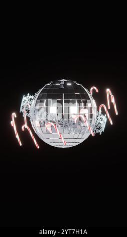 Abstrakte vertikale 3D-Tapete Winterhintergrund Neon Bonbon Stock gestreifte Schneeflocken Happy New Year Frohe Weihnachten Navidad festliche Veranstaltung Disco Ball Stockfoto